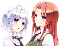 Rule 34 | 2girls, blouse, blue dress, blue eyes, braid, chinese clothes, chitose (usacan), dress, from side, hair between eyes, hair ribbon, hong meiling, izayoi sakuya, lipstick, long hair, looking at viewer, maid headdress, makeup, multiple girls, necktie, no headwear, open mouth, parted bangs, parted lips, puffy short sleeves, puffy sleeves, red hair, ribbon, shirt, short hair, short sleeves, silver hair, touhou, tress ribbon, twin braids, white shirt