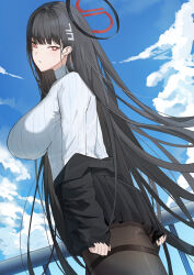 Rule 34 | 1girl, :o, absurdres, black hair, black jacket, black pantyhose, black skirt, blue archive, blue sky, blush, breasts, cloud, commentary, halo, highres, impossible clothes, jacket, jacket partially removed, large breasts, long hair, looking at viewer, looking to the side, pantyhose, pleated skirt, railing, ref (pmxt4483), ribbed sweater, ringed eyes, rio (blue archive), skirt, sky, solo, straight hair, sweater, very long hair, white sweater