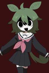 Rule 34 | 1girl, 9chrono0, absurdres, ahoge, alternate costume, alternate eye color, bags under eyes, black eyes, black serafuku, black shirt, black skirt, black thighhighs, commentary request, cowboy shot, empty eyes, green hair, hair flaps, highres, long hair, long sleeves, looking at viewer, low ponytail, neckerchief, open mouth, outstretched arms, pink neckerchief, pleated skirt, red background, sailor collar, school uniform, serafuku, shaded face, sharp teeth, shirt, simple background, skirt, smile, solo, spread arms, standing, teeth, thighhighs, voicevox, white sailor collar, wide-eyed, zundamon