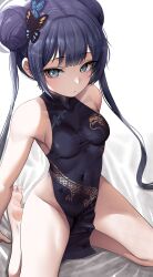 Rule 34 | 1girl, absurdres, bare legs, barefoot, black dress, black hair, blue archive, blush, breasts, butterfly hair ornament, china dress, chinese clothes, collarbone, covered navel, double bun, doyoon 7, dress, groin, hair bun, hair ornament, halo, highres, kisaki (blue archive), kneeling, looking at viewer, pelvic curtain, skin tight, sleeveless, sleeveless dress, small breasts, soles, solo, toes, twintails