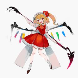 Rule 34 | 1girl, :d, ascot, blonde hair, crystal, flandre scarlet, full body, hat, hat ribbon, highres, laevatein (touhou), looking at viewer, mob cap, open mouth, puffy short sleeves, puffy sleeves, red eyes, red skirt, red vest, ribbon, scythe, shirt, shoes, short sleeves, skirt, skirt set, smile, sobamushi mo, socks, solo, touhou, vest, white socks, wings