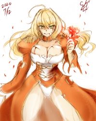 Rule 34 | 1girl, 2020, ahoge, alternate hairstyle, blonde hair, blood, breasts, dated, epaulettes, fate/grand order, fate (series), flower, gluteal fold, graphite (medium), hair intakes, highres, large breasts, long hair, looking at viewer, mechanical pencil, nero claudius (fate), nero claudius (fate) (all), nero claudius (fate/extra), pencil, puffy sleeves, rose, see-through, solo, suga leon, torn clothes, traditional media, wide sleeves, wind