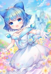 Rule 34 | 1girl, blue bow, blue choker, blue eyes, blue flower, blue hair, blush, bow, child, choker, cirno, coa (chroo x), collarbone, day, detached wings, dress, fairy, flower, gloves, hair bow, highres, ice, ice wings, looking at viewer, open mouth, petals, pink flower, purple flower, red flower, short hair, smile, solo, touhou, wedding dress, white dress, white flower, white gloves, wings
