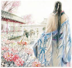 Rule 34 | 4boys, architecture, black hair, broom, chinese clothes, day, east asian architecture, faceless, faceless male, facing away, flower, hanfu, lan wen xuan, long hair, male focus, multiple boys, outdoors, painting (medium), peony (flower), standing, traditional media, tree, very long hair, watercolor (medium)