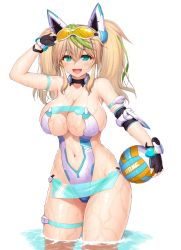 Rule 34 | 1girl, :d, absurdres, aqua eyes, arm strap, arm up, armpits, asamura hiori, ball, bare shoulders, black gloves, blonde hair, blush, breasts, cleavage, clothing cutout, collarbone, cowboy shot, elbow pads, eyewear on head, fingerless gloves, gene (pso2), gloves, green hair, groin, hair between eyes, headgear, highres, holding, holding ball, large breasts, long hair, looking at viewer, multicolored hair, navel, one-piece swimsuit, open mouth, phantasy star, phantasy star online 2, shiny skin, sidelocks, simple background, single elbow pad, skindentation, smile, solo, standing, stomach, stomach cutout, strapless, strapless one-piece swimsuit, streaked hair, sunglasses, swimsuit, thigh strap, twintails, two-tone hair, volleyball, volleyball (object), wading, water, wet, white background, white one-piece swimsuit