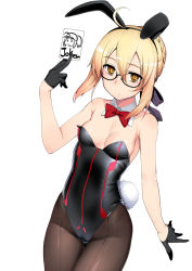 Rule 34 | 1girl, ahoge, animal ears, artoria pendragon (fate), bare shoulders, blonde hair, blush, bow, bowtie, braid, breasts, card, commentary request, detached collar, fake animal ears, fate/grand order, fate (series), glasses, hair between eyes, holding, jacket, joker (playing card), leotard, looking at viewer, mysterious heroine x alter (fate), namonashi, pantyhose, playboy bunny, playing card, rabbit ears, semi-rimless eyewear, small breasts, solo, yellow eyes