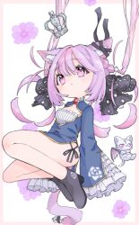 Rule 34 | 1girl, alternate costume, animal ear fluff, animal ears, black bow, black footwear, black ribbon, blue dress, blush, bow, breasts, cat, cat ears, cat girl, cat tail, china dress, chinese clothes, cleavage cutout, closed mouth, clothing cutout, commentary request, crown, dress, ear ribbon, emongo, expressionless, flower, frilled sleeves, frills, full body, hair between eyes, hair bow, ina uruu, long hair, medium bangs, mini crown, nanashi inc., pink flower, pink hair, ribbon, shoes, sleeves past fingers, sleeves past wrists, small breasts, solo, tail, virtual youtuber, white background
