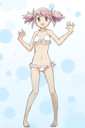 Rule 34 | 1girl, barefoot, bikini, breasts, collarbone, commentary request, cowboy shot, frilled bikini, frills, front-tie top, full body, halterneck, highres, jewelry, kaname madoka, kinfuji, looking at viewer, mahou shoujo madoka magica, mahou shoujo madoka magica (anime), pink eyes, pink hair, ring, short twintails, side-tie bikini bottom, small breasts, solo, standing, swimsuit, twintails, wedding band, white bikini