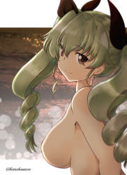 Rule 34 | 1girl, absurdres, anchovy (girls und panzer), black ribbon, blurry, breasts, brown eyes, closed mouth, commentary request, drill hair, from side, girls und panzer, green hair, hair ribbon, highres, long hair, looking at viewer, medium breasts, nakasawa kei, no nipples, nude, partial commentary, ribbon, sideboob, smile, solo, twin drills, twintails, twitter username, upper body