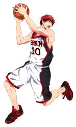 Rule 34 | 1boy, basketball, basketball uniform, highres, jewelry, kagami taiga, kuroko no basuke, male focus, muscular, necklace, open mouth, red eyes, red hair, ring, shoes, simple background, sneakers, solo, sportswear, sweat, teeth, uniform, white background