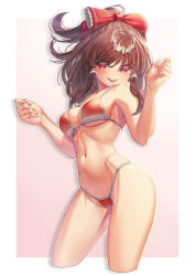 Rule 34 | 1girl, bikini, black hair, bow, brown hair, commentary request, contrapposto, cowboy shot, creape, cropped legs, hair bow, hakurei reimu, highres, looking at viewer, medium hair, red bikini, red bow, red eyes, sidelocks, solo, standing, swimsuit, touhou