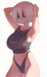 Rule 34 | 1girl, 2b (nier:automata), adapted costume, armpits, arms behind head, arms up, black blindfold, black legwear, blindfold, breasts, cameltoe, cleavage, cleavage cutout, clothing cutout, collarbone, commentary request, covered eyes, crop top, dappled sunlight, highleg, highleg panties, highres, large breasts, looking at viewer, mole, mole on armpit, mole on stomach, navel, nier:automata, nier (series), no bra, panties, puk (higanbana doujin), short hair, silver hair, solo, standing, sunlight, underwear, white background