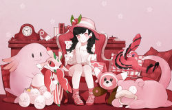 Rule 34 | 1girl, arm at side, armchair, baiguiyu, bare arms, bare legs, bare shoulders, bird, black hair, blush, book, braid, bright pupils, chair, chansey, clock, closed mouth, creatures (company), earrings, egg, exeggcute, fangs, fedora, floral background, flower, flower earrings, full body, game freak, gen 1 pokemon, gen 7 pokemon, hair flower, hair ornament, hand on own face, hat, jewelry, long hair, lurantis, lying, nintendo, on stomach, open mouth, oricorio, pigeon-toed, pillow, pink background, pink footwear, pink hair, pink hat, pink legwear, pink shorts, pink theme, pokemon, pokemon (creature), pokemon usum, sanpaku, selene (pokemon), selene (pokemon usum), shelf, shirt, shoes, short shorts, shorts, sitting, sleeveless, sleeveless shirt, slowpoke, smile, socks, standing, stufful, swept bangs, tareme, twin braids, white pupils, white shirt