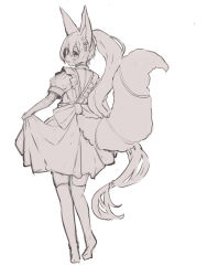 Rule 34 | 1girl, animal ear fluff, animal ears, commentary request, fox ears, fox girl, fox tail, from behind, full body, greyscale, highres, long hair, looking away, looking to the side, monochrome, no shoes, original, over-kneehighs, pleated skirt, ponytail, puffy short sleeves, puffy sleeves, shirt, short sleeves, simple background, skirt, skirt hold, solo, standing, tail, tail raised, thighhighs, very long hair, white background, yuuji (yukimimi)