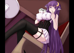 Rule 34 | 1girl, animal ears, black thighhighs, blunt bangs, breasts, cat ears, cat girl, crescent, crescent hair ornament, crescent moon, eating, female focus, from below, garter belt, hair ornament, jema, kemonomimi mode, large breasts, long hair, moon, no headwear, patchouli knowledge, purple eyes, purple hair, sitting, solo, thighhighs, touhou, very long hair, zettai ryouiki