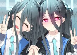 Rule 34 | &lt;key&gt; (blue archive), 2girls, @ @, absurdres, aris (blue archive), black hair, blue archive, blue eyes, blush, closed eyes, closed mouth, hair between eyes, halo, highres, jacket, long hair, long hair between eyes, looking at viewer, multiple girls, necktie, open mouth, red eyes, rivers iidx, shirt, smile, v, very long hair