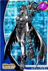 Rule 34 | 1girl, boots, breasts, card game, chain, claws, demon girl, digimon, digimon crusader, female focus, ladydevimon, large breasts, long hair, lowres, official art, smile, solo, tagme, white hair