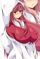 Rule 34 | 1girl, alternate breast size, breasts, brown eyes, brown hair, commentary request, covered erect nipples, highres, huge breasts, japanese clothes, kamikaze (kancolle), kanbayashi chiko, kantai collection, looking at viewer, open mouth, red shirt, shirt, sidelocks, simple background, skirt, standing, white background, white skirt, zoom layer