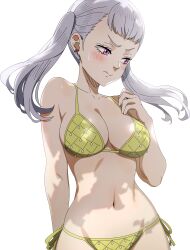 Rule 34 | 1girl, 3:, absurdres, beach, bikini, black clover, blush, breasts, cleavage, curvy, embarrassed, grey hair, highres, large breasts, midriff, navel, noelle silva, official art, purple eyes, shadow, sweatdrop, swimsuit, tsundere, twintails, white background, wide hips