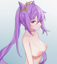 Rule 34 | 1girl, absurdres, balloon 79, breasts, cleavage, collarbone, completely nude, cone hair bun, double bun, from side, genshin impact, hair bun, hair ears, hair ornament, highres, inverted nipples, keqing (genshin impact), long hair, looking at viewer, medium breasts, nude, purple eyes, purple hair, solo, twintails, upper body