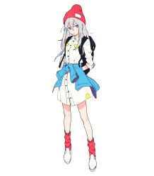 Rule 34 | 1girl, backpack, bag, beanie, clothes around waist, grey hair, hat, jacket, jacket around waist, poo (donkan gokko), red eyes, simple background, solo, white background