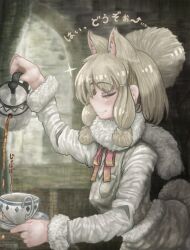 1girl alpaca_ears alpaca_girl alpaca_suri_(kemono_friends) alpaca_tail animal_ears blush bow bowtie coat cup extra_ears fur_collar fur_trim hair_bun hair_over_one_eye hair_tubes kemono_friends long_sleeves pouring red_bow red_bowtie short_hair sidelocks smile solo t6cehwxridha0os tail tea teacup translation_request white_coat white_fur white_hair