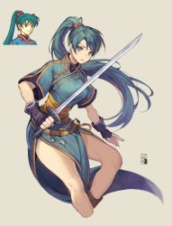 1girl, aqua hair, bangs, blue dress, blue eyes, commentary, cropped legs, dress, fire emblem, fire emblem: the blazing blade, grey background, highres, holding, holding sword, holding weapon, long hair, looking at viewer, lyn (fire emblem), nintendo, pelvic curtain, ponytail, sash, short sleeves, simple background, solo, sword, thighs, velahka, very long hair, weapon, yellow sash