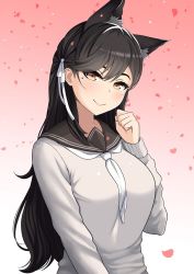 Rule 34 | 1girl, animal ears, atago (azur lane), azur lane, black hair, blush, breasts, closed mouth, extra ears, hair ribbon, large breasts, long hair, looking at viewer, mole, mole under eye, petals, ribbon, sailor collar, sailor uniform, school uniform, smile, solo, sweater, the only shoe, upper body, white sweater, yellow eyes