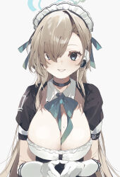 Rule 34 | 1girl, absurdres, aqua ribbon, asuna (blue archive), asymmetrical bangs, black choker, black dress, blue archive, blush, breasts, choker, cleavage, commentary request, detached collar, dress, gloves, hair over one eye, halo, higa (gominami), highres, large breasts, light brown hair, long hair, looking at viewer, maid, maid headdress, mole, mole on breast, neck ribbon, own hands together, partial commentary, puffy short sleeves, puffy sleeves, ribbon, ribbon between breasts, short sleeves, simple background, smile, solo, straight hair, very long hair, white background, white gloves