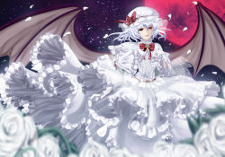 Rule 34 | 1girl, adapted costume, bat wings, bow, brooch, capelet, dress, female focus, flower, frilled dress, frills, full moon, gloves, hat, hat ribbon, highres, jewelry, long sleeves, moon, night, petals, red eyes, red moon, remilia scarlet, ribbon, ring, rose, silver hair, sky, smile, solo, star (sky), too many, touhou, untue, white dress, white flower, white gloves, white rose, wide sleeves, wings