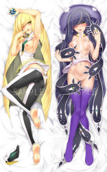 Rule 34 | 1girl, alternate color, arm up, armpits, ass, barefoot, beast ball, bed sheet, black hair, black legwear, blonde hair, blush, breasts, breasts out, butt crack, cameltoe, covered erect nipples, covering crotch, covering privates, creatures (company), crystal, dakimakura (medium), darkmaya, diamond (shape), dress, feet, finger to mouth, fusion, game freak, gem, gen 7 pokemon, grabbing, grabbing another&#039;s breast, grabbing own breast, green eyes, green gemstone, groin, hair over one eye, high heels, highres, lips, long hair, looking at viewer, lusamine (pokemon), lying, multicolored clothes, multicolored hair, multicolored legwear, multiple views, navel, nihilego, nintendo, nipples, on back, open mouth, poke ball, pokemon, pokemon (creature), pokemon sm, saliva, sample watermark, see-through, shiny clothes, shiny skin, shoes, small breasts, smile, soles, spoilers, streaked hair, tentacles, toes, tongue, tongue out, ultra beast, unworn shoes, very long hair, watermark, wet, wet clothes, white dress, white legwear, yellow eyes