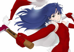 Rule 34 | 1girl, axe, black eyes, blue hair, christmas, closed mouth, commentary, dress, english text, foreshortening, fur-trimmed dress, fur-trimmed gloves, fur trim, gloves, halterneck, hat, highres, holding, holding axe, holding sack, idolmaster, idolmaster (classic), kisaragi chihaya, light frown, long hair, looking at viewer, over shoulder, red dress, red gloves, red hat, sack, santa dress, santa hat, short dress, simple background, solo, unworn hat, unworn headwear, wata do chinkuru, white background, wind