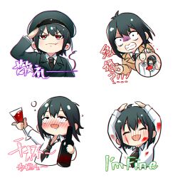 Rule 34 | 1boy, alcohol, black hair, black jacket, black necktie, blood, blood on clothes, blood on face, blush, bottle, chibi, chinese commentary, chinese text, clenched hand, clenched teeth, commentary request, cup, drinking glass, drunk, hat, holding, holding photo, jacket, loose necktie, male focus, nako (unclebanana), necktie, photo (object), police hat, red eyes, salute, spy x family, squeans, teeth, translation request, wine, wine bottle, wine glass, yor briar, yuri briar