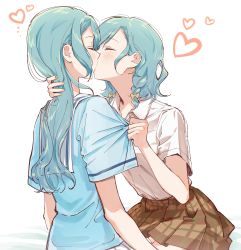 Rule 34 | 2girls, absurdres, aqua hair, arms at sides, bang dream!, blue shirt, blush, bow, braid, brown skirt, closed eyes, clothes grab, collared shirt, commentary request, face-to-face, facing another, hair bow, hanasakigawa school uniform, hand on another&#039;s neck, hands up, haneoka school uniform, heart, highres, hikawa hina, hikawa sayo, incest, kiss, korean commentary, long hair, miniskirt, multiple girls, plaid, plaid skirt, pleated skirt, profile, sailor collar, school uniform, serafuku, shirt, shirt tucked in, short hair, short sleeves, siblings, side braids, sisters, sitting, skirt, sleeve grab, summer uniform, twin braids, twincest, twins, white background, white sailor collar, white shirt, white skirt, yellow bow, yuri, zihacheol