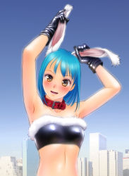Rule 34 | 1girl, animal ears, armpits, bare shoulders, blue hair, breasts, brown eyes, rabbit ears, collar, face, gloves, highres, midriff, original, photo background, skyline, solo, yui toshiki