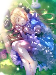 Rule 34 | 1girl, :x, animal, barefoot, black bow, black ribbon, blonde hair, bloomers, blue dress, bow, closed eyes, commentary request, day, dress, frilled dress, frills, grass, hair bow, hair ribbon, highres, long hair, lying, moeki yuuta, mononobe alice, mononobe alice (1st costume), nijisanji, on grass, on side, outdoors, parted lips, puffy short sleeves, puffy sleeves, rabbit, ribbon, ribbon trim, short sleeves, signature, sleeping, soles, solo, sunlight, underwear, very long hair, virtual youtuber, white bloomers