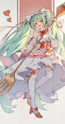 Rule 34 | 1girl, absurdres, blush, bow, bowtie, cloudyman, collared dress, commentary, detached sleeves, dress, english commentary, facing viewer, flower, fork, frilled dress, frills, full body, green eyes, grey hair, hand up, hatsune miku, heart, high heels, highres, holding, holding fork, long hair, long sleeves, looking ahead, maid headdress, musical note, musical note print, open mouth, red bow, red bowtie, red footwear, red ribbon, ribbon, sleeveless, sleeveless dress, smile, solo, standing, strawberry miku (morikura), very long hair, vocaloid, white dress, white flower, white theme