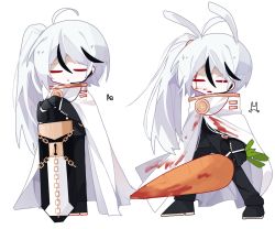 Rule 34 | 1boy, ahoge, animal ears, black gloves, black hair, black jacket, black pants, blood, blood on clothes, blood on face, cape, carrot, chinese text, closed mouth, closed eyes, food, gloves, highres, holding, holding carrot, holding food, holding sword, holding weapon, jacket, kemonomimi mode, lemonail, library of ruina, long hair, long sleeves, male focus, multicolored hair, no nose, open mouth, pants, project moon, rabbit, rabbit boy, rabbit ears, side ponytail, simple background, split-color hair, streaked hair, sword, translation request, weapon, white background, white cape, white hair, yan vismok
