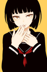 Rule 34 | 1girl, black hair, bob cut, brown eyes, covering own mouth, hand over own mouth, haruhito (divineshalt), looking at viewer, original, school uniform, serafuku, short hair, simple background, smile, solo