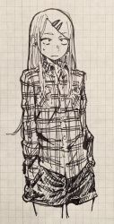 Rule 34 | 1girl, closed mouth, collared shirt, commentary request, cowboy shot, dagashi kashi, ear piercing, earrings, endou saya, greyscale, hair ornament, hairclip, hands in pockets, jewelry, kotoyama, long hair, monochrome, piercing, sanpaku, shirt, simple background, sketch, solo, standing