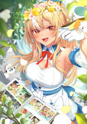 Rule 34 | 1girl, absurdres, animal, animal on head, armpits, bird, bird on head, blonde hair, blue bow, bow, breasts, cleavage, collar, dark-skinned female, dark skin, detached collar, detached sleeves, dress, elfriend (shiranui flare), gloves, hair bow, head wreath, highres, hololive, large breasts, looking at viewer, multicolored hair, on head, open mouth, pointy ears, ponytail, red eyes, shiranui flare, shiranui flare (1st costume), smile, solo, streaked hair, tang-du, virtual youtuber, white collar, white dress, white gloves, white hair, white sleeves