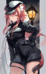 Rule 34 | 1girl, animal ear fluff, animal ears, arknights, black dress, black gloves, black hat, breasts, cowboy shot, dress, gloves, gravel (arknights), gravel (modeling night) (arknights), hair between eyes, hand on own hip, hat, lamppost, large breasts, long hair, looking at viewer, mouse ears, mouse girl, mouse tail, official alternate costume, pink hair, sasa onigiri, smile, solo, tail, thigh strap, yellow eyes