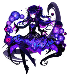 Rule 34 | 1girl, :d, artist name, bad id, bad pixiv id, black dress, black pantyhose, blue hair, commentary, dress, full body, high heels, highres, long hair, long sleeves, looking at viewer, multicolored hair, one side up, open mouth, original, pantyhose, purple hair, red eyes, sheya, signature, simple background, smile, solo, symbol-only commentary, white background