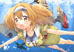 Rule 34 | 10s, 1girl, absurdres, breasts, brown eyes, bubble, cannon, clothes writing, hairband, highres, i-26 (kancolle), kantai collection, large breasts, light brown hair, long hair, machinery, name tag, new school swimsuit, ocean, one-piece swimsuit, open mouth, sailor collar, school swimsuit, seaplane, short sleeves, smile, solo, sunlight, swimming, swimsuit, swimsuit under clothes, two-tone hairband, two side up, underwater, water, zuho (vega)