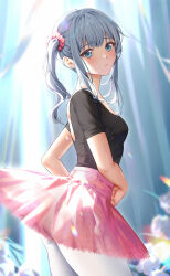Rule 34 | 1girl, ballerina, black leotard, blue eyes, blue hair, blush, breasts, collarbone, commentary, cowboy shot, dancing, dotz, facing to the side, frown, hair ornament, hair scrunchie, highres, leotard, light blue hair, light particles, light rays, looking at viewer, original, pantyhose, scrunchie, side ponytail, small breasts, solo, tutu, white pantyhose