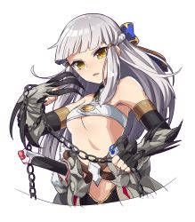 Rule 34 | 1girl, absurdres, breasts, chain, claws, fate/grand order, fate (series), hair ribbon, highres, kozakura (dictionary), long hair, open mouth, penthesilea (fate), ribbon, sheath, sheathed, silver hair, sword, underboob, weapon, yellow eyes