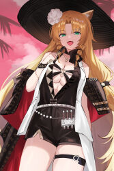 Rule 34 | 1girl, absurdres, animal ear fluff, animal ears, arknights, bare shoulders, black bow, black cape, black hat, black shirt, black shorts, blonde hair, bow, breasts, cape, cleavage, coat, commentary, cowboy shot, fang, flower, folded fan, folding fan, green eyes, hair flower, hair intakes, hair ornament, hand fan, hand up, hat, highres, holding, holding fan, large breasts, long hair, looking at viewer, off shoulder, official alternate costume, open clothes, open coat, open mouth, parted bangs, plunging neckline, puranetto (vjun4748), red cape, shirt, shorts, sleeveless, sleeveless coat, sleeveless shirt, solo, standing, swire (arknights), swire the elegant wit (arknights), thigh strap, two-sided cape, two-sided fabric, white coat, white flower