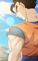 Rule 34 | black eyes, black hair, cloud, cloudy sky, dragon ball, happy, highres, muscular, muscular male, potential unleashed, sky, smile, son gohan, srojam, sunlight, tagme, ultimate gohan