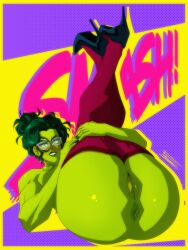 Rule 34 | !, 1girl, alternate hairstyle, anus, ass, blush, border, cleft of venus, colored skin, dress, earrings, fitiddies, flexible, glasses, green hair, green skin, grin, hair bun, hands on own head, high heels, hoop earrings, huge ass, jewelry, legs together, long hair, marvel, muscular, muscular female, nipples, presenting, pussy, she-hulk, side slit, sleeveless, sleeveless dress, smile, solo, updo, yellow background, yellow border