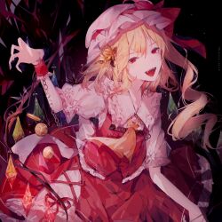 Rule 34 | 1girl, absurdres, ascot, black background, blonde hair, chain, collared shirt, crystal, dark background, flandre scarlet, flower, frilled shirt collar, frilled skirt, frilled sleeves, frilled vest, frills, hair flower, hair ornament, hat, hat ribbon, highres, laevatein (touhou), long hair, looking at viewer, mob cap, multicolored wings, one side up, open mouth, puffy short sleeves, puffy sleeves, red eyes, red ribbon, red skirt, red vest, ribbon, sharp teeth, shirt, short sleeves, simple background, skirt, skirt set, solo, teeth, touhou, umemaro (siona0908), upper teeth only, vest, white hat, white shirt, wings, wrist cuffs, yellow ascot, yellow flower